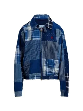 Front view of Ralph Lauren Patchwork Cotton Linen Windbreaker highlighting blue patch patterns, shirt-style collar, and zipper closure.