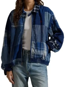 Woman wearing Ralph Lauren Patchwork Cotton Linen Windbreaker styled with jeans, showcasing its blue patchwork design and casual fit.