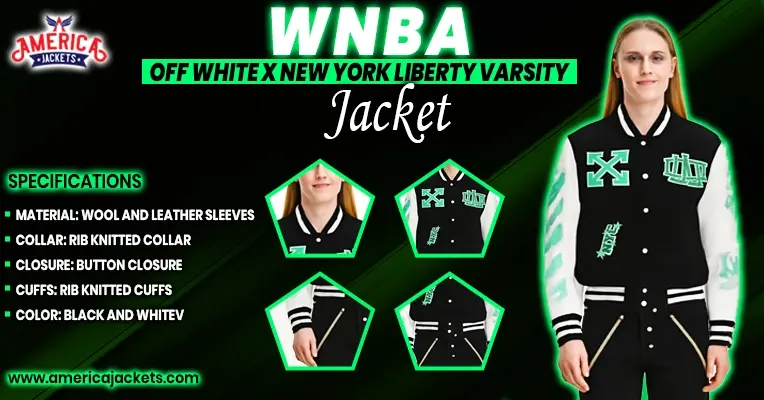 WNBA Off-White x New York Liberty Varsity Jacket with wool and leather sleeves, black and white design, women varsity jacket by America Jackets
