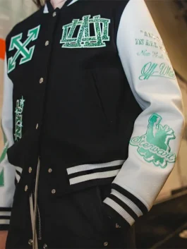 Close-up of WNBA Off-White New York Liberty Jacket with detailed logos on sleeves and chest, premium Off-White sports jacket and New York Liberty apparel for women.