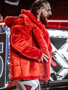 WWE Raw Seth Rollins Red Fur Hooded Jacket Side pose
