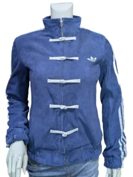 Adidas Chinese New Year Blue Jacket front view showcasing the sturdy zipper and premium high quality fabric.