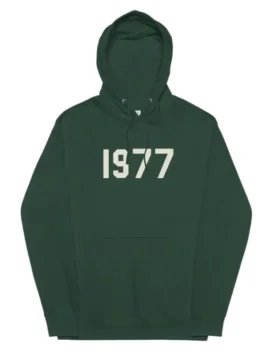A dark green Fear of God Essentials hoodie with the large numbers