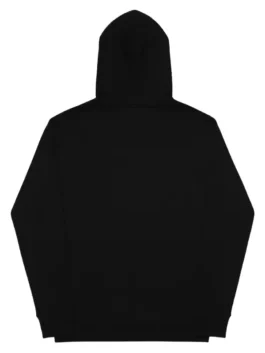 The back view of a solid black hoodie, showing the hood, sleeves, and hem.