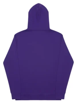 The back view of a solid purple hoodie, showing the hood, sleeves, and hem.