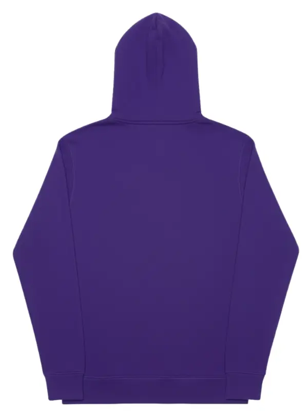 The back view of a solid purple hoodie, showing the hood, sleeves, and hem.