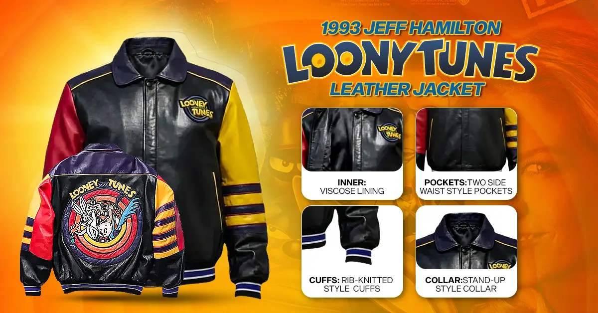 Vintage 1993 Jeff Hamilton &ldquo;Looney Tunes&rdquo; Leather Jacket with high-quality embroidery of Bugs Bunny and friends on a retro-style bomber silhouette.
