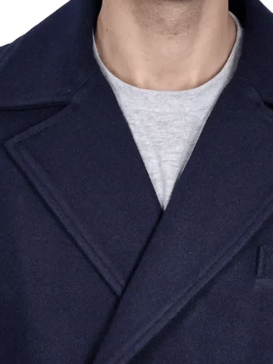 Aaron Men's Blue Double Breasted Long Wool Coat