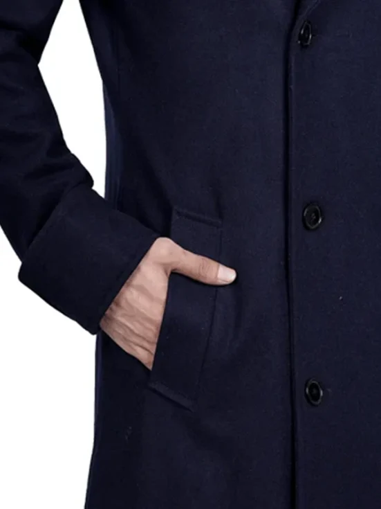 Aaron Men's Blue Double Breasted Long Wool Coat