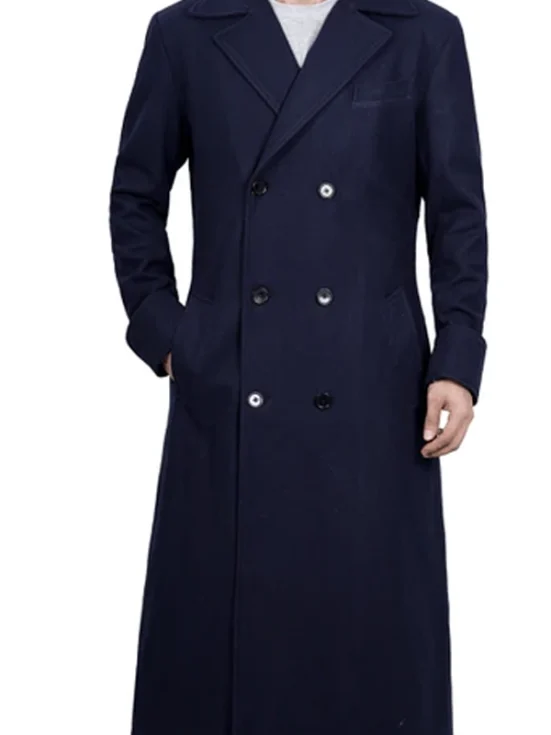 Aaron Men's Blue Double Breasted Long Wool Coat