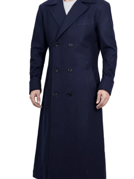 Aaron Men's Blue Double Breasted Long Wool Coat