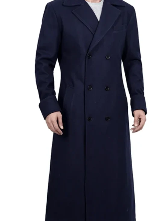 Aaron Men's Blue Double Breasted Long Wool Coat