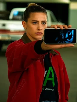 American Sweatshop Lili Reinhart Red Jacket Front Look