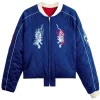 Azuki Twin Tigers Jacket in navy blue satin with quilted design, front zipper, ribbed collar and cuffs, and embroidered twin tiger artwork on the chest
