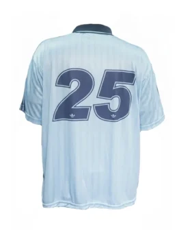 Back of the Adidas x Oasis tour jacquard jersey showing a large navy number 25 printed on the signature Adidas tour jacquard jersey striped fabric.