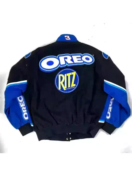 Full back view, laid flat, of the Oreo NASCAR Racing Jacket. A massive Oreo logo is centered at the top, and a large circular Ritz Crackers logo is below it. This Dale Jr Oreo NASCAR Jacket features blue sleeves and a black body.