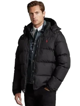 Polo Ralph Lauren Black Jacket back view showing the puffer quilted pattern and hooded insulated style for men’s winter comfort.