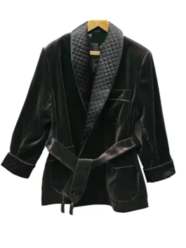 Black velvet Roselli smoking jacket. A luxurious smoking jacket black smokers jacket robe for evening wear.