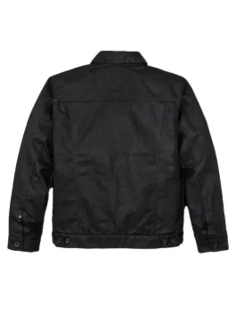 Back side of Filson Tin Cloth Short Lined Cruiser Jacket in black color, classic short lined waxed jacket.