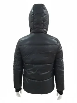The back view of a black Mackage down jacket for men is showcased on a white mannequin, highlighting the puffer design of this Mackage winter coat.