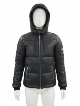 A white mannequin models the front of a black Mackage Kent down puffer jacket for men, a warm and stylish black Mackage coat with a hood.