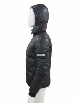 A white mannequin displays the side profile of a black Mackage Kent-Z down puffer jacket for men, featuring the Mackage logo on the arm, ideal for winter.