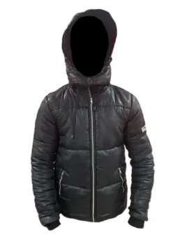 Front view of an all black Mackage puffer jacket for men, featuring a full zip closure, zippered side pockets, and a fixed hood. This mackage jacket mens is a versatile and stylish Mackage coat black and a popular choice among mackage down jackets