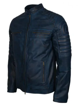 Blue Cafe Racer Leather Jacket