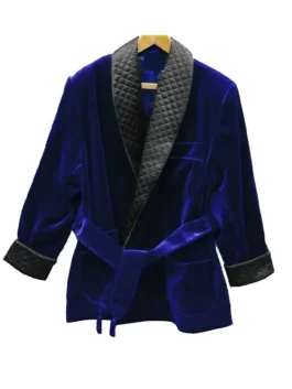 Blue velvet Roselli smoking jacket featuring quilted lapels. Elegant smokers jacket mens and womens robe.