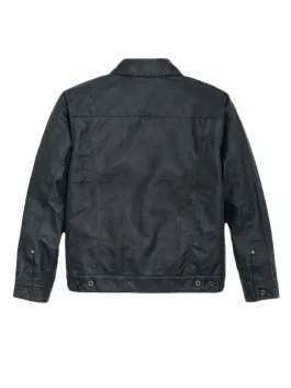 Back view of Filson Tin Cloth Cruiser Jacket blue, short lined tin cloth outerwear for men.