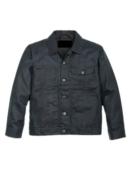 Front view of Filson Tin Cloth Short Lined Cruiser Jacket in blue with button front and workwear detailing.