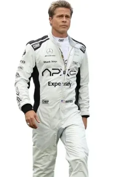 Brad Pitt Grand Prix F1 Racing Jumpsuit in white with black panels, designed to capture the authentic Formula 1 racewear appearance.