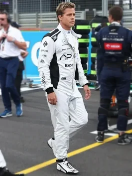 Grand Prix Brad Pitt F1 Racing Jumpsuit featuring the stylish white Formula 1 driver outfit inspired by Brad Pitt’s look from the Grand Prix film.