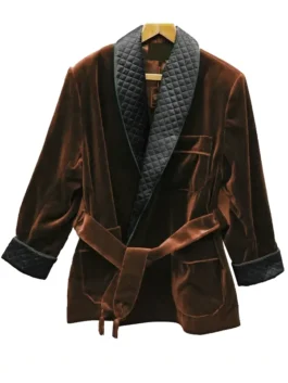 Brown velvet Roselli smoking jacket with sash tie. Classic smokers jacket mens and womens smoky jacket style.