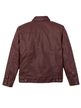 Back view of Burgundy Filson Short Lined Cruiser Jacket made of waxed tin cloth for rugged style.