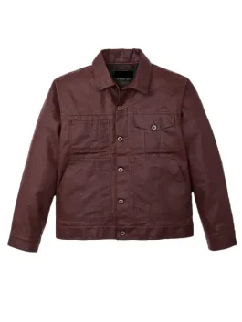 Front of Burgundy Filson Tin Cloth Short Lined Cruiser Jacket with button fastening and durable cotton design.