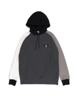 Front view of a teddy fresh color block pullover hoodie in black, white, and gray, great for streetwear.