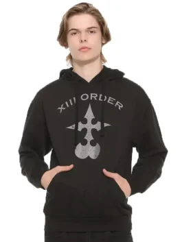 Disney Kingdom Hearts Organization XIII black hoodie featuring the XIII Order logo and Nobody emblem, worn by a male model.