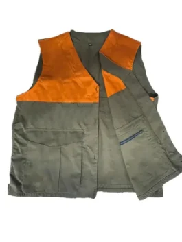 Front closure view of the tan Filson Upland Hunting Vest at America Jackets.