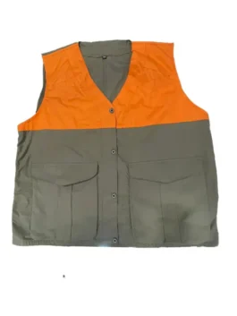 Full front view of the tan and orange Filson Upland Hunting Vest from America Jackets.
