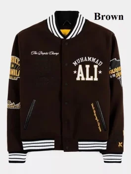 Front-Side-Of-The-Muhammad-Ali-Varsity-Jacket-In-a-Brown-Color.