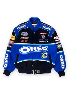 Full front view, laid flat, of the JH Design Dale Earnhardt Jr Oreo NASCAR Jacket. The black and bright blue Classic Dale Earnhardt Jr Oreo Jacket features bold Oreo lettering across the mid-section and collar, plus numerous Nabisco product logos like Ritz and Nilla.