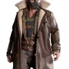 Tom Hardy Bane wearing distressed brown shearling coat in The Dark Knight Rises movie scene