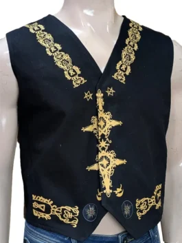 Close-up of the silver embroidery and black fabric on the Ghost Papa Emeritus IV Military Jacket.
