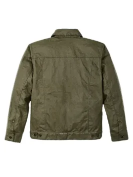 Back view of Green Filson Tin Cloth Short Lined Cruiser Jacket showing rugged waxed cotton construction and classic Filson design.