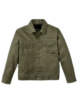 Front view of Green Filson Tin Cloth Cruiser Jacket for men featuring short lined waxed tin cloth and durable workwear design.