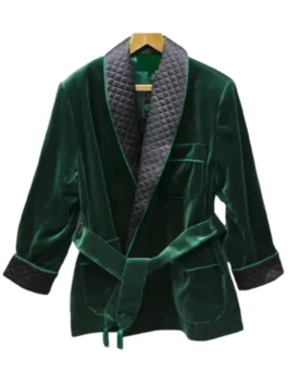 Green velvet Roselli smoking jacket with black quilted collar. Classic smoking jacket green smokers robe.