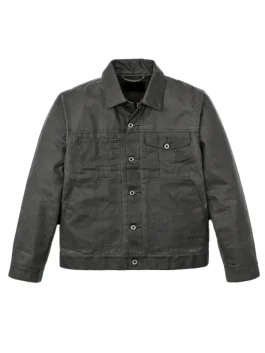 Front view of Grey Filson Men's Tin Cloth Short Lined Cruiser Jacket with button closure and utility pockets.