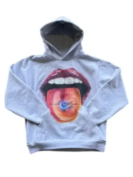 A grey home sick hoodie featuring a large graphic of a mouth and tongue. This homesick brand apparel is perfect for a trendy streetwear look.