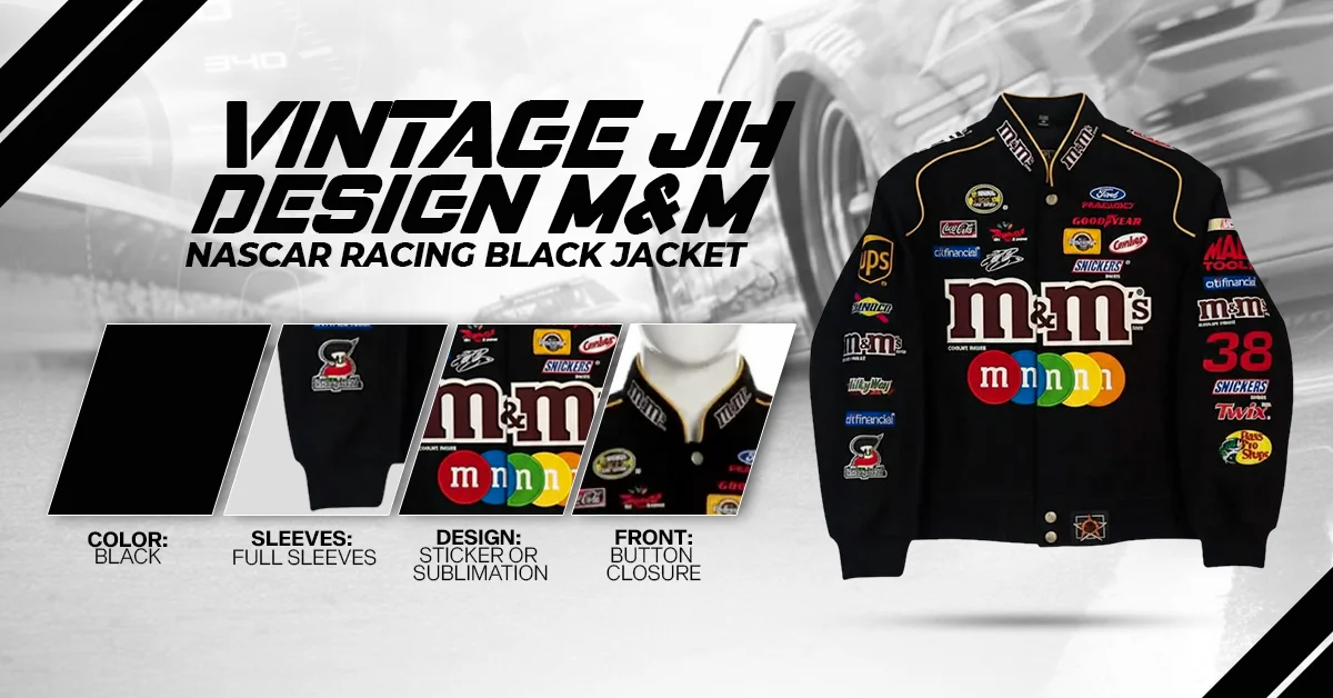 Close-up details of the JH Design M&M NASCAR Racing Black Jacket showing the black fabric, ribbed cuffs, and high-quality sublimation design.
